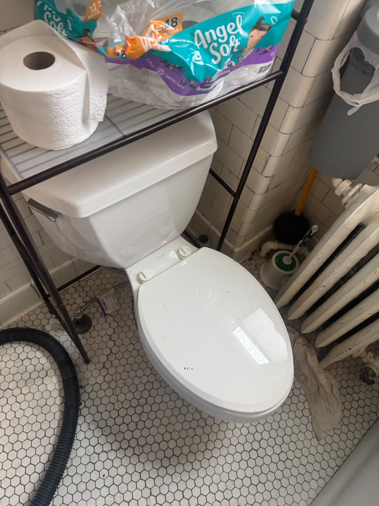 Old toilet in a hexagon-tiled bathroom before removal, with vacuum hose and shelving crowding the space