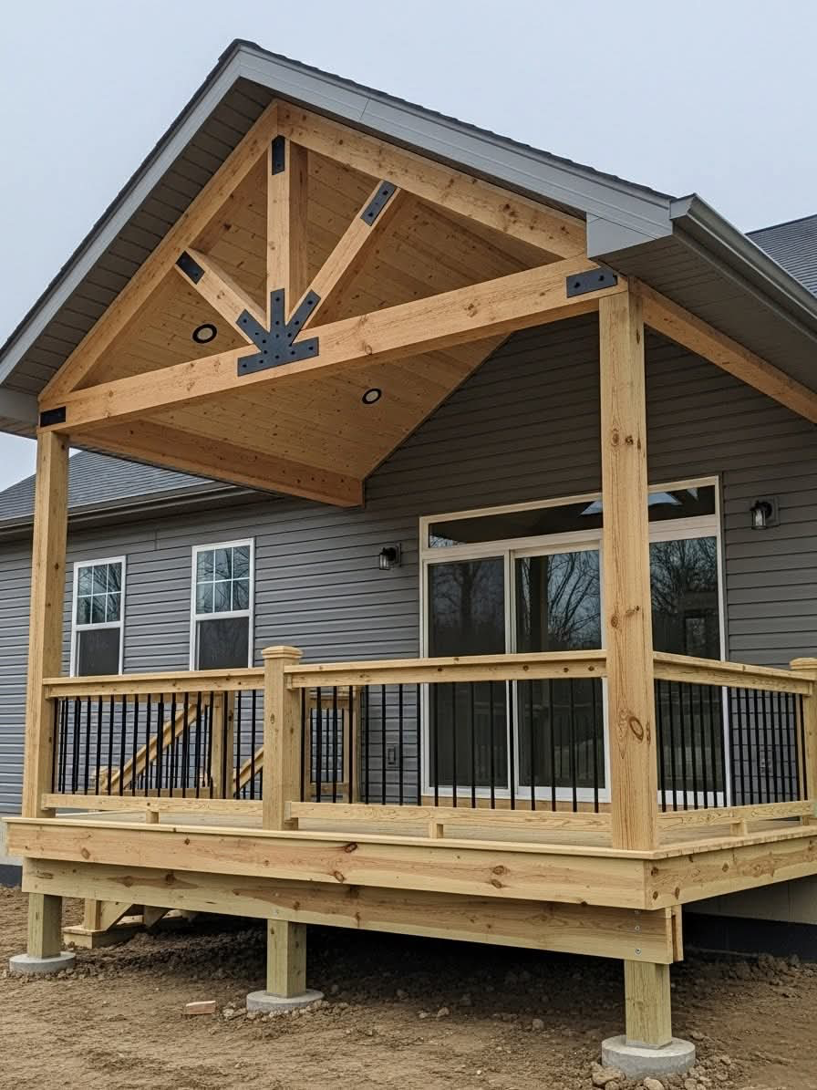 Timber porch cover with a decorative king-post truss and black steel plates on a grey clad house