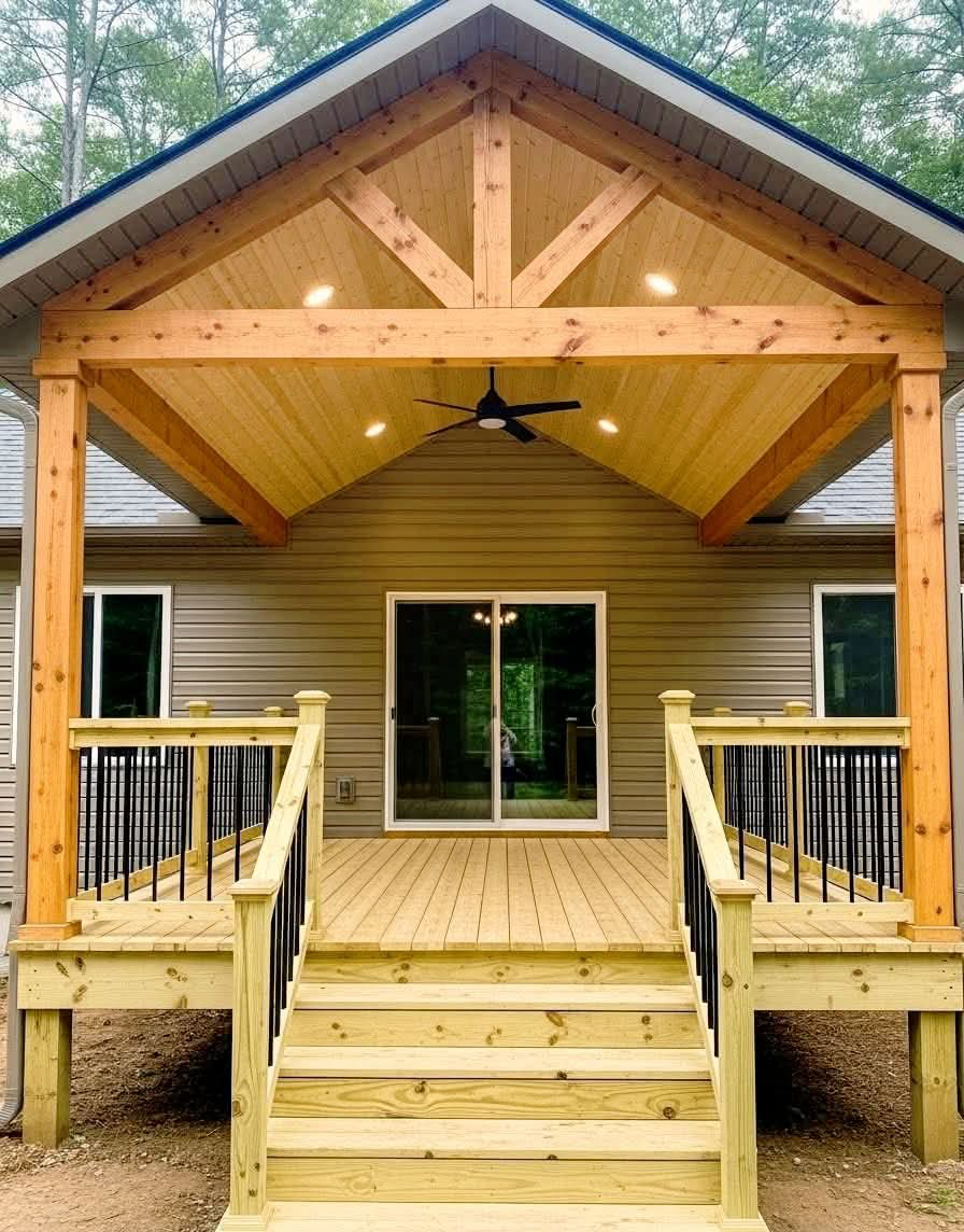 Finished cedar patio cover with gable roof, exposed beams, ceiling fan and downlights over a timber deck